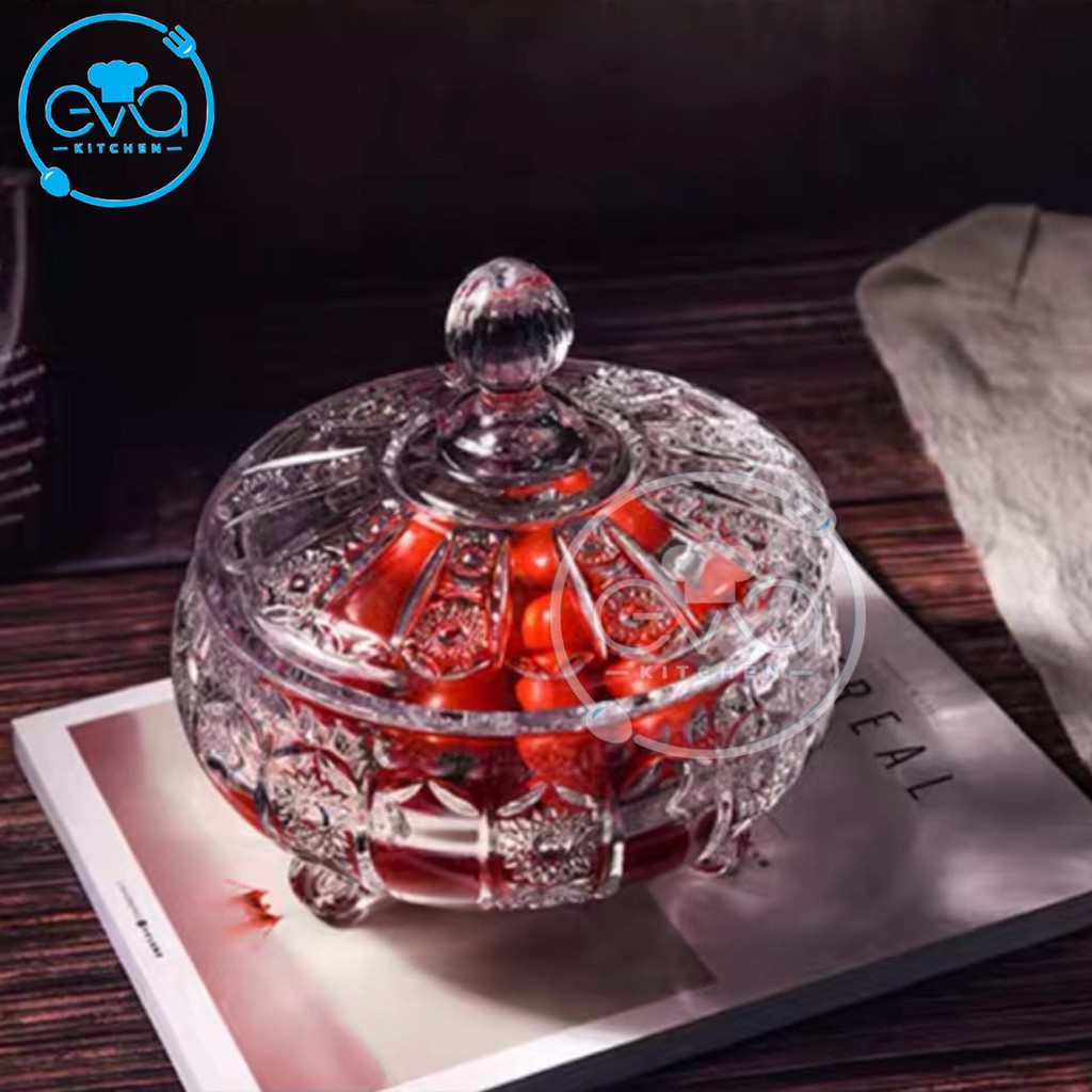 Thố Mứt Thuỷ Tinh Pha Lê 3 Chân Hoạ Tiết Hoa Nổi Lớn Phong Cách Royal Sang Trọng / Thố Mứt Tết Lớn Deli Tiệp T16 M3170