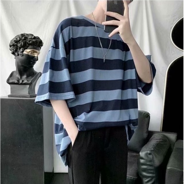 Áo thun cổ tròn dáng rộng kẻ sọc ngang trẻ trung phong cách Nhật Bản dành cho nam size S-3XL | BigBuy360 - bigbuy360.vn