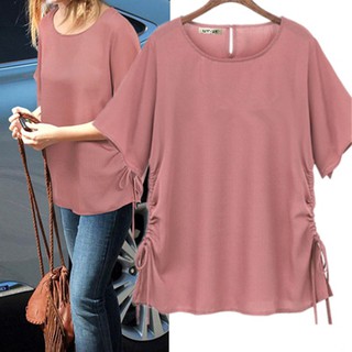 [CÓ SẴN] ÁO KIỂU BIGSIZE NỮ TAY NGẮN CỔ TRÒN NỀN HỒNG ĐẤT PHỐI DÂY RÚT THỜI TRANG - HIMISTORE