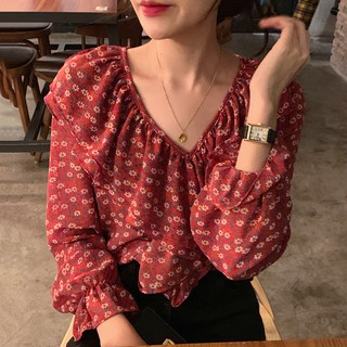 (ORDER) Áo sơ mi nữ cổ V dài tay hoa nhí phối bèo viền cỏ điệu đà Vintage Hàn Quốc (MẪU MỚI 2020)