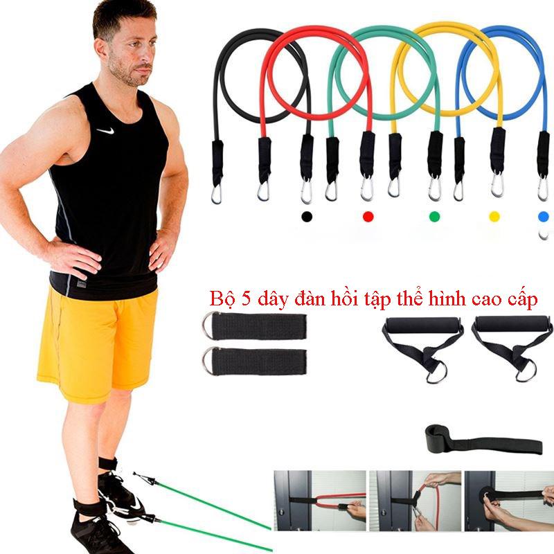 Bộ 5 dây đàn hồi tập thể hình cao cấp - dụng cụ tập gym - thể thao