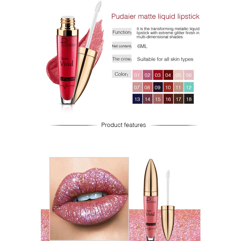 Son Môi Dạng Lỏng Ánh Kim Cương Lấp Lánh Chống Thấm Nước Lâu Trôi 18 Màu Tùy Chọn