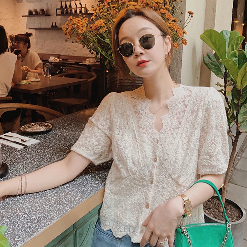 Áo Sơ Mi Tay Ngắn Cổ Chữ V Phối Ren Thanh Lịch Thời Trang Mùa Hè Mới Kiểu Pháp