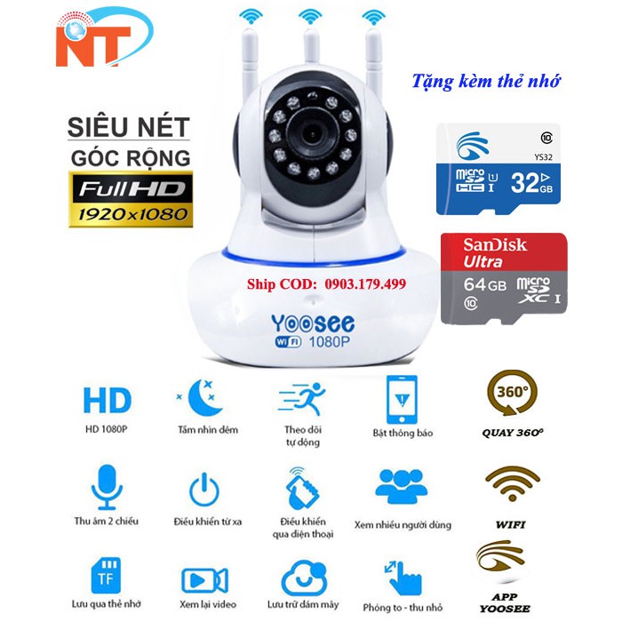 CAMERA IP Wifi YOOSEE 3 râu Full HD 1080P, QUAN SÁT RÕ NGÀY VÀ ĐÊM, KÈM THẺ NHỚ 32G/64G/128G