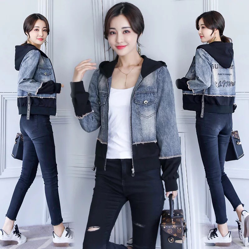 ÁO KHOÁC JEAN PHỐI THUN CÓ NÓN, ÁO KHOÁC NỮ MẪU MỚI HÈ 2019, áo khoác bò nữ, áo khoác mỏng - XA087