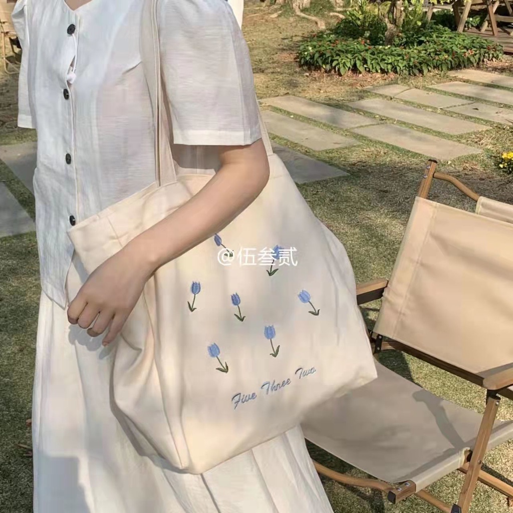 Túi Xách Canvas Cỡ Lớn Họa Tiết Hoa Phong Cách Hàn Quốc