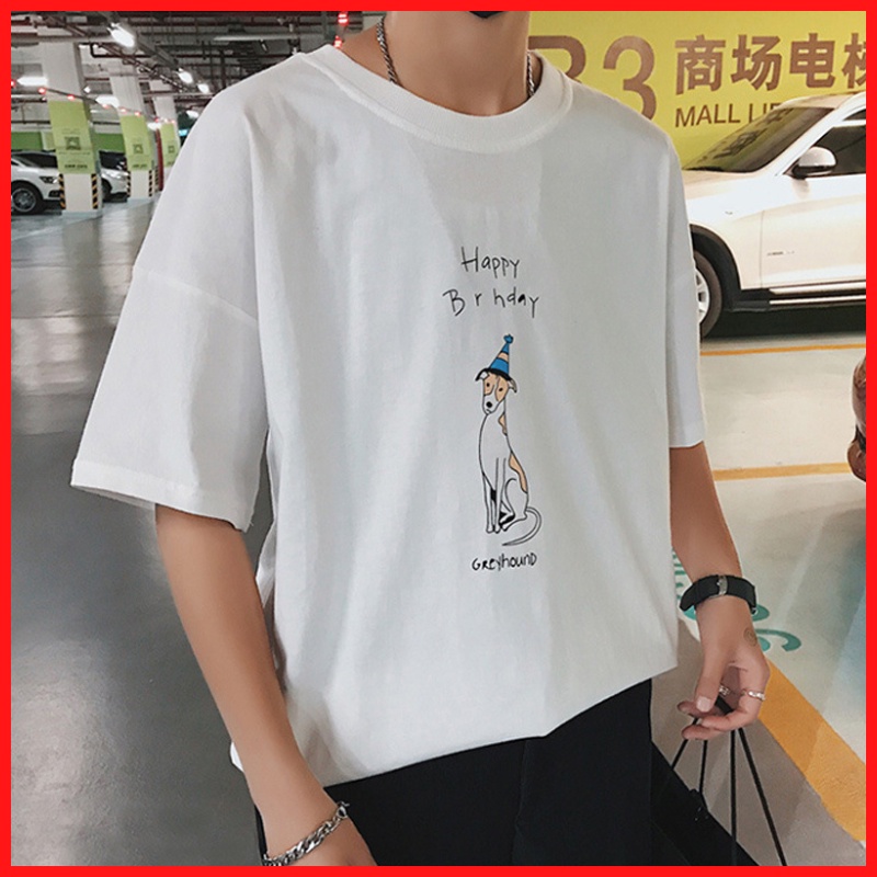 Áo Thun Nam Nữ Màu Trắng In Chữ Happy Birthday Hình Chú Chó DLX