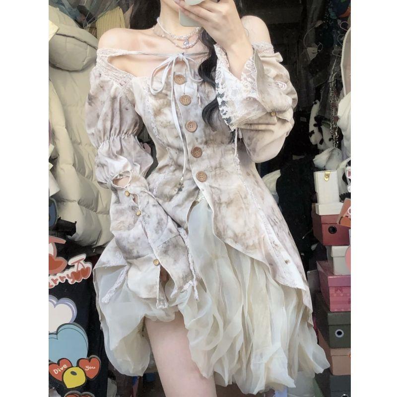 Bộ Áo Sơ Mi Tay Phồng Cột Dây Màu Nhuộm + Chân Váy Lưng Cao Thời Trang Cho Nữ