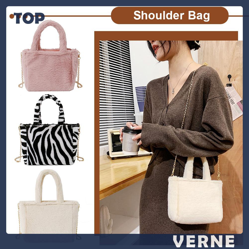 vernesss Autumn Shoulder Handbag Zebra Pattern Plush Women Chain Messenger Bag Totes