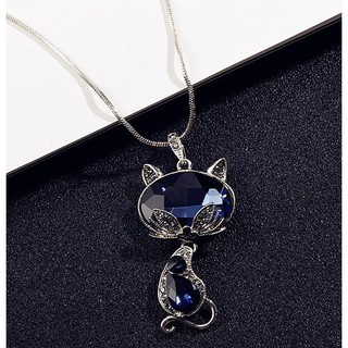 Dây Chuyền Dài Mặt Mèo Đính Đá Pha Lê Xanh Dương Thời Trang Mới Thanh Lịch Đơn Giản Dành Cho Bạn Nữ