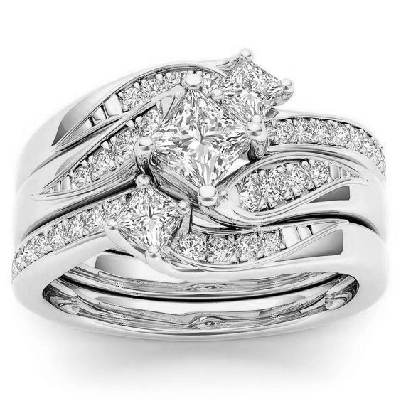 Bộ ba nhẫn khảm đá zircon mạ vàng 18K phong cách Âu Mỹ