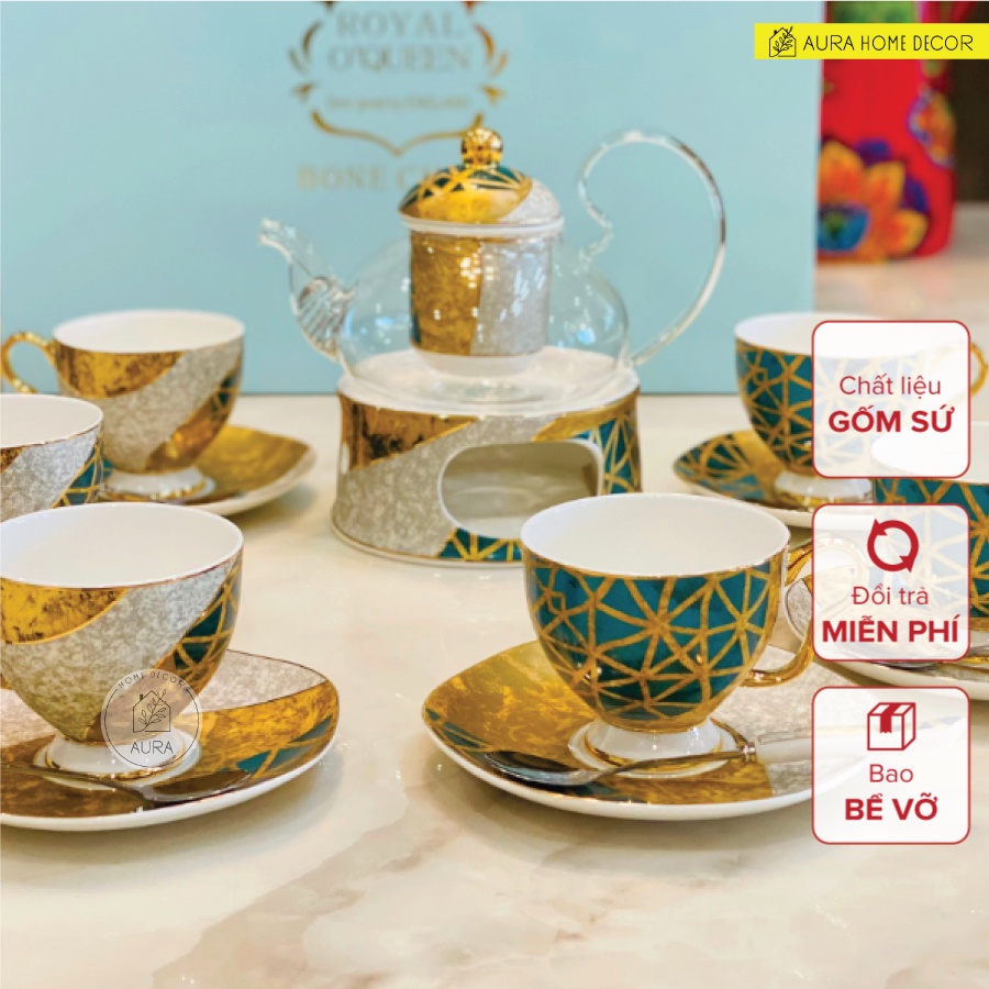 Bộ ấm trà sứ Bone China cao cấp viền dát v.àng 24K - Sang trọng, đẳng cấp