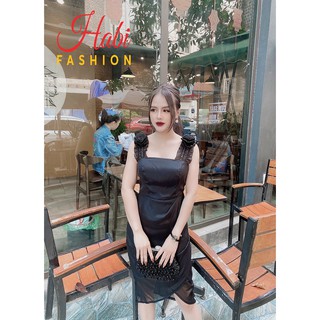 Váy đầm body dự tiệc tôn dáng 2 dây bản to đính hoa xinh xắn chất tơ chéo vạt trước