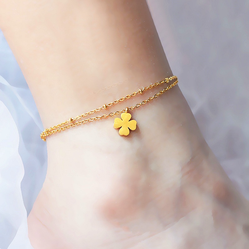 Lắc chân nữ chất liệu titan không gỉ thiết kế 2 tầng cỏ 4 lá xinh xắn phong cách hàn quốc