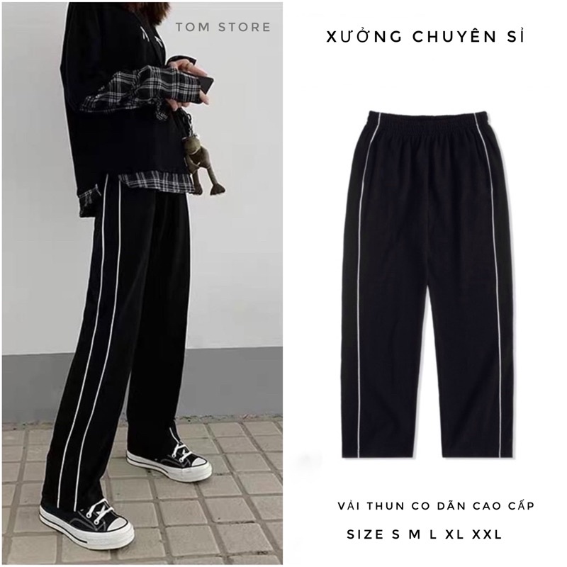 Quần Thun Đen 2line ống rộng Nam Nữ Track Pant Kẻ Sọc - Quần ullzang - Trouser line  Tom Store unisex