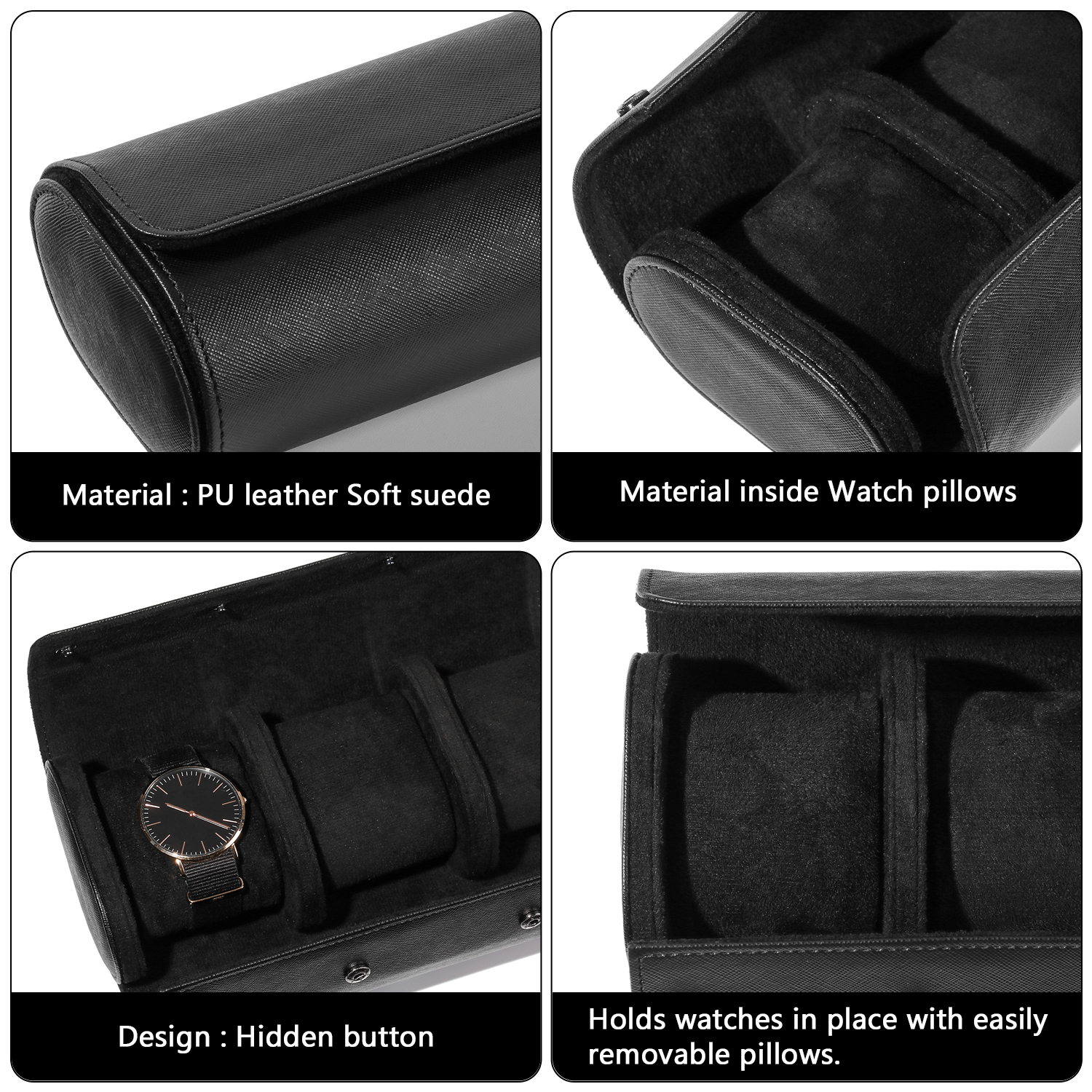 HS Men Watch Roll Travel Case Black Watch Case Organizer Portable 3 Watch Storage Watch Roll Gifts Removable Pillows Display PU Leather/Multicolor