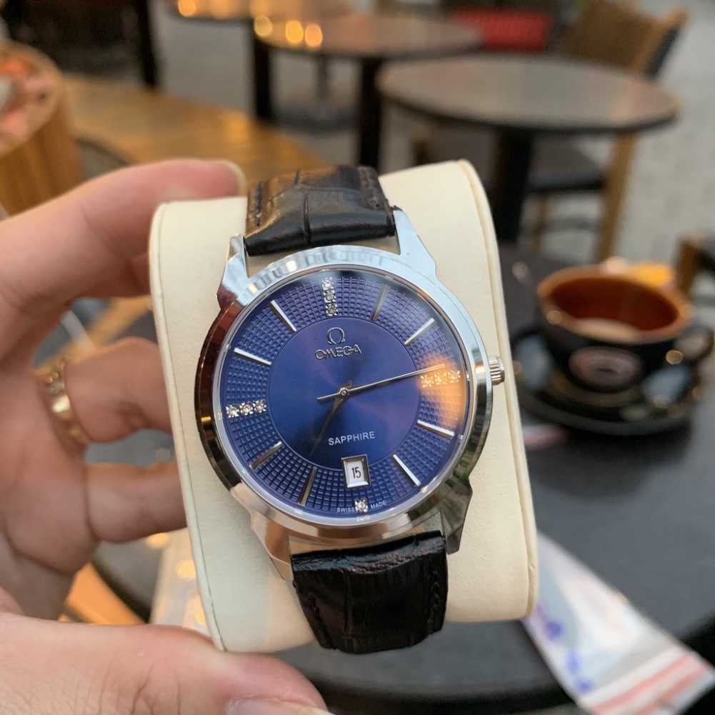 Đồng Hồ Nam omega Sapphire OM036 Xanh Dương Máy Pin Nhật Chống Xước Tuyệt Đối