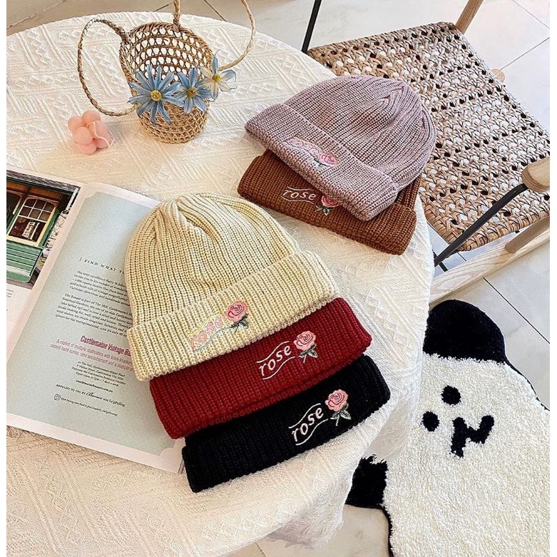 Nón Len Beanie Thêu Hoa Hồng