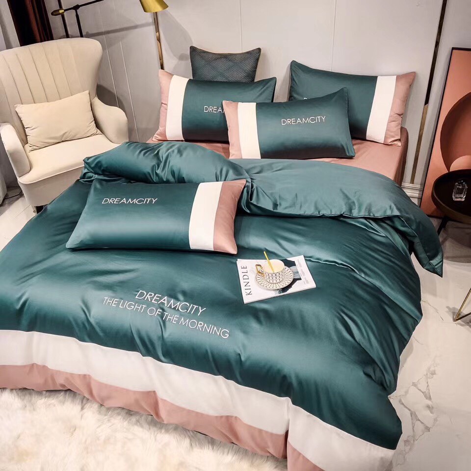 Bộ chăn ga gối lụa Dream cao cấp mẫu xanh phối EMMIBEDDING STORE.