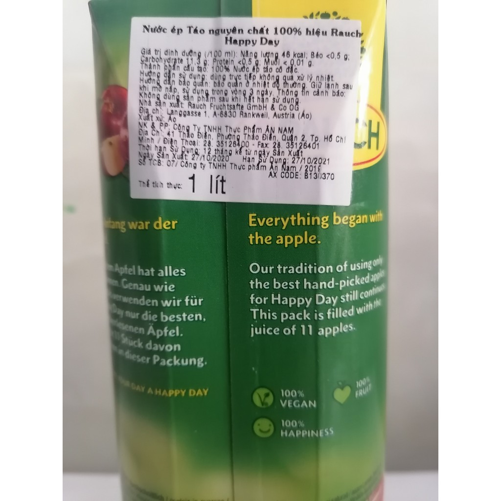 [Hộp 1 Lít – Apfel] NƯỚC ÉP TÁO NGUYÊN CHẤT [Austria] RAUCH 100% Apple Juice (anm)