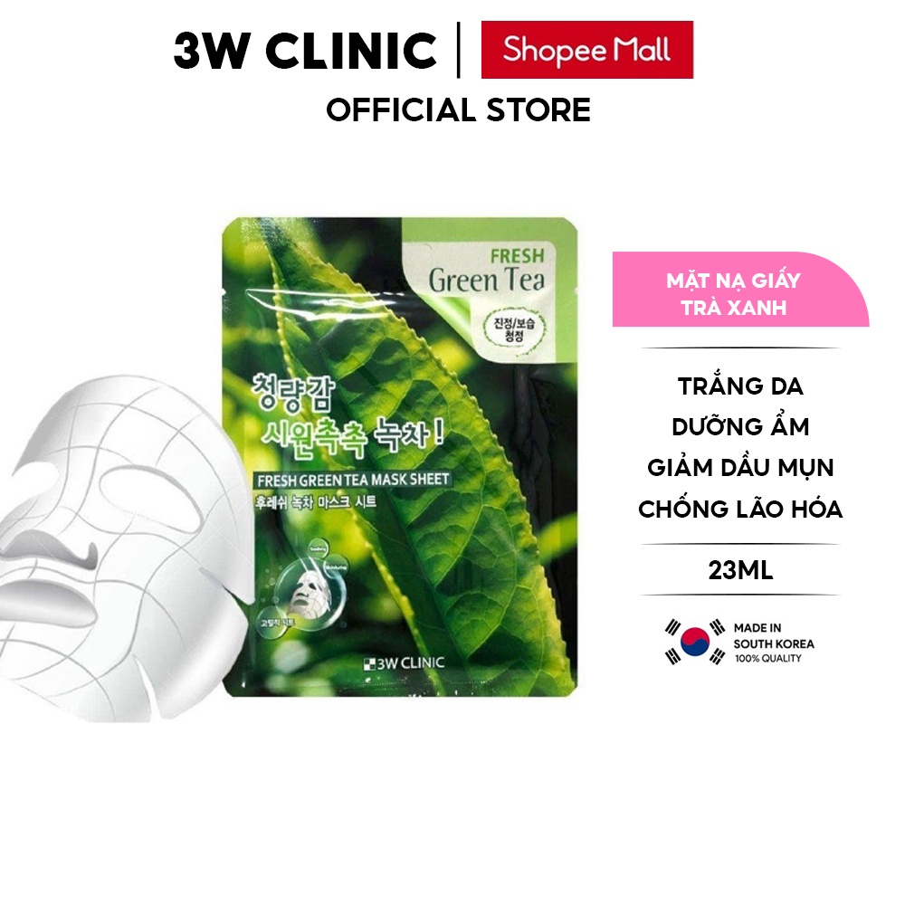 Mặt nạ giấy dưỡng da 3W Clinic Hàn Quốc chiết xuất Trà Xanh giúp dưỡng ẩm giảm dầu mụn trắng da và mềm mịn 23ml