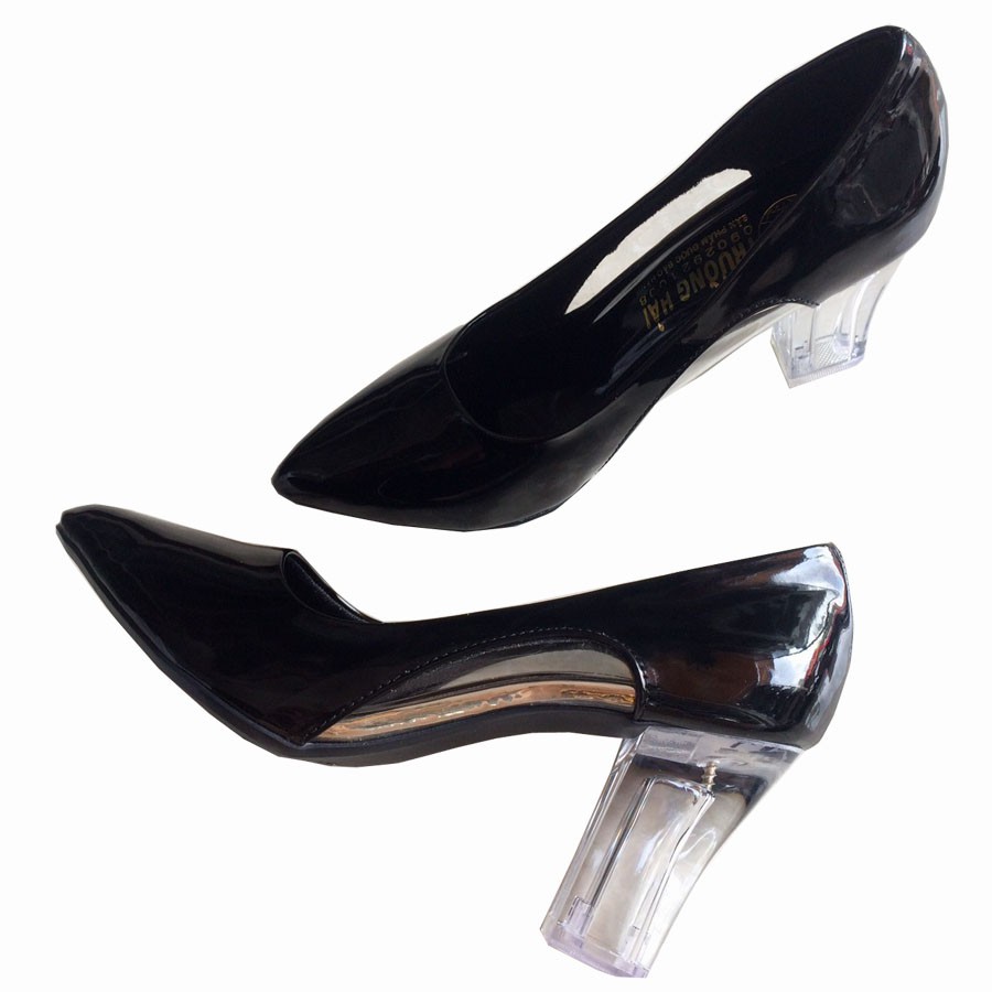 Giày cao gót Nữ cao 7cm Trường Hải Da Bóng Màu Đen đế Mika Trong CG0120