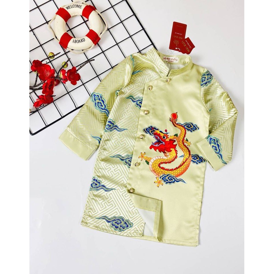 Áo dài cách tân bé trai đẹp cao cấp chất vải GẤM cao cấp hiệu Miki Kids
