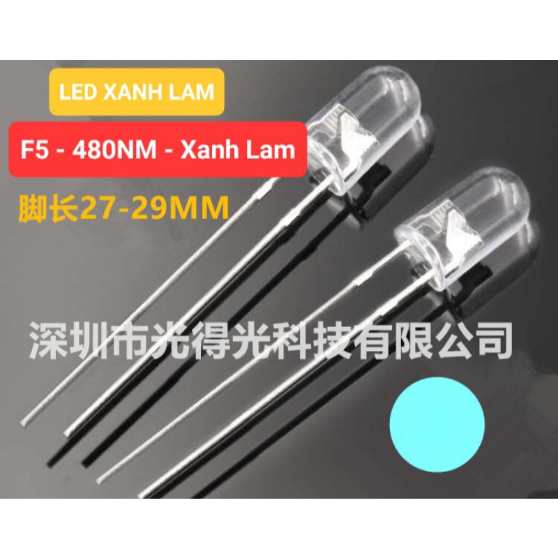 Đèn led đơn 5mm màu XANH LAM 480nm chuyên dụng cho đèn nháy mực, đèn câu mực xà