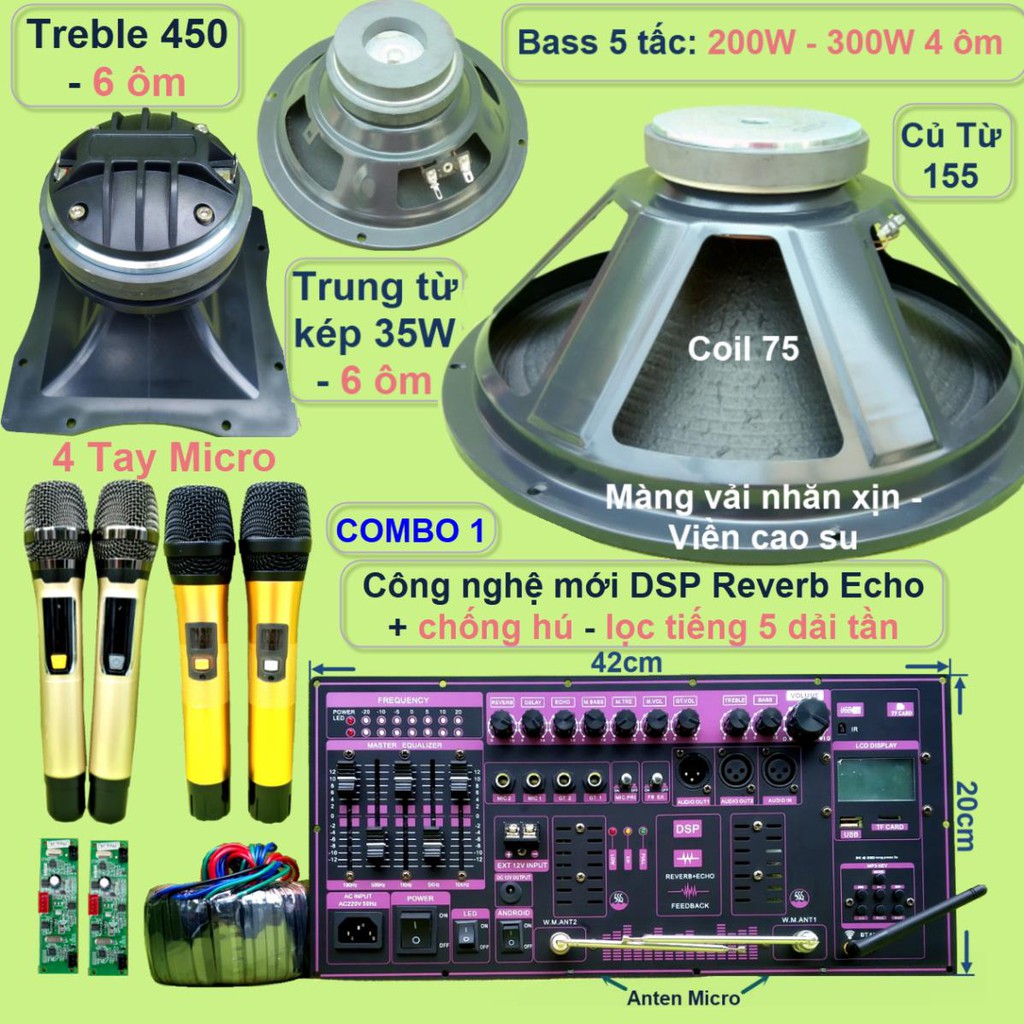 Mạch loa kéo 5 tấc đơn công suất 400W DSP Reverb Echo có chống hú Equalizer 5 Band loa Bass Trung Treble và Micro UHF