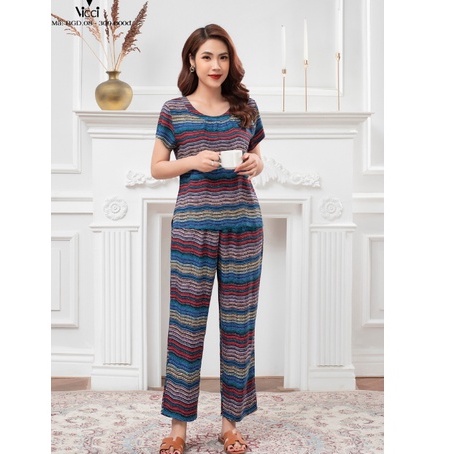 Bộ đồ mặc nhà trung niên lanh nhung Vicci áo cộc, quần dài BGD.08 nhiều họa tiết