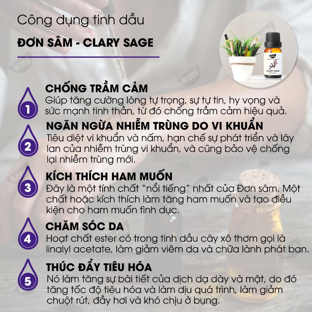 Tinh dầu Đơn Sâm Kobi Clary Sage essential oil giúp giảm stress, chống trầm cảm hiệu quả - 10ml