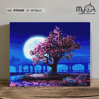 Tranh số hóa tự tô màu theo số Myart Tranh cây hoa đào dưới trăng ST0409