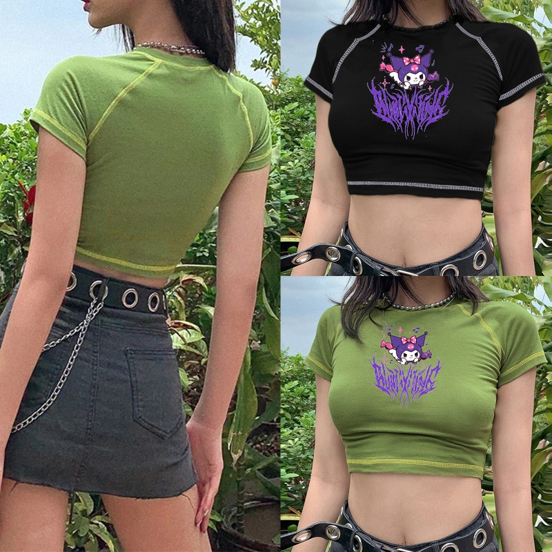 Áo Thun Crop Top Tay Ngắn In Họa Tiết Hoạt Hình Phong Cách Harajuku Nhật Bản Thời Trang Mùa Hè Cho Nữ