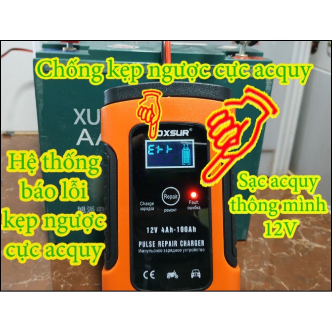 Bộ sạc bình acquy FOXSUR sạc nhanh tự động ngắt ngược cực ngắn mạch khử sunfat phục hồi bình yếu