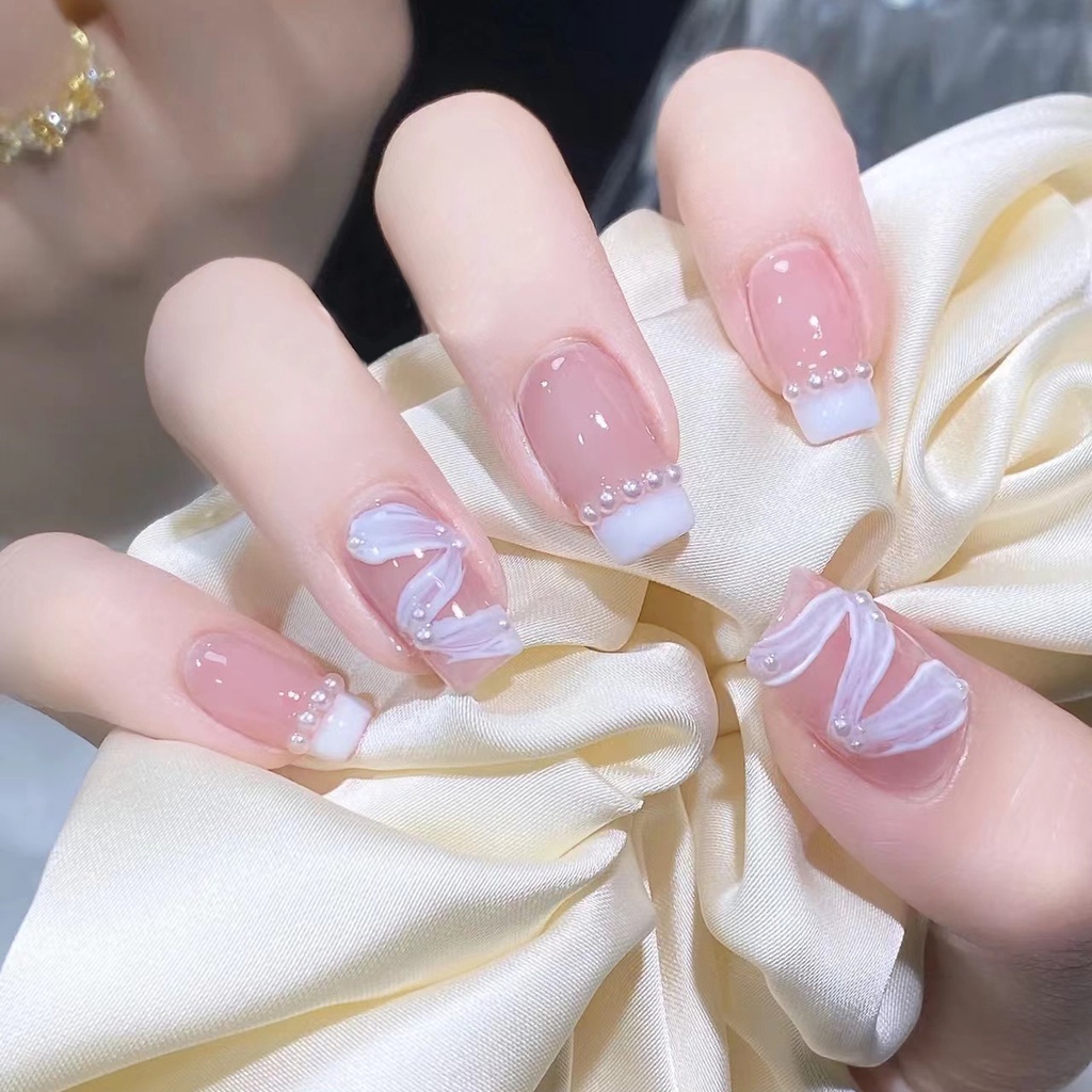 Hộp 24 Móng Tay Giả / Móng Tay Giả 3d Hình Gấu / Nơ Dễ Thương