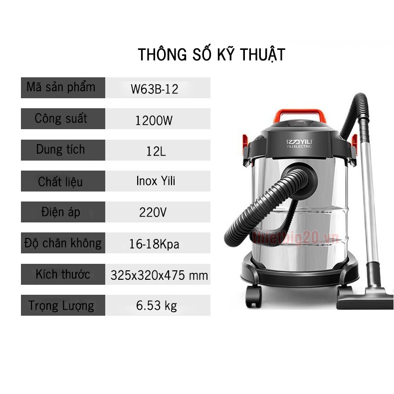 Máy hút bụi gia đình, công nghiệp YILI công suất lớn 1200W, dung tích 12L