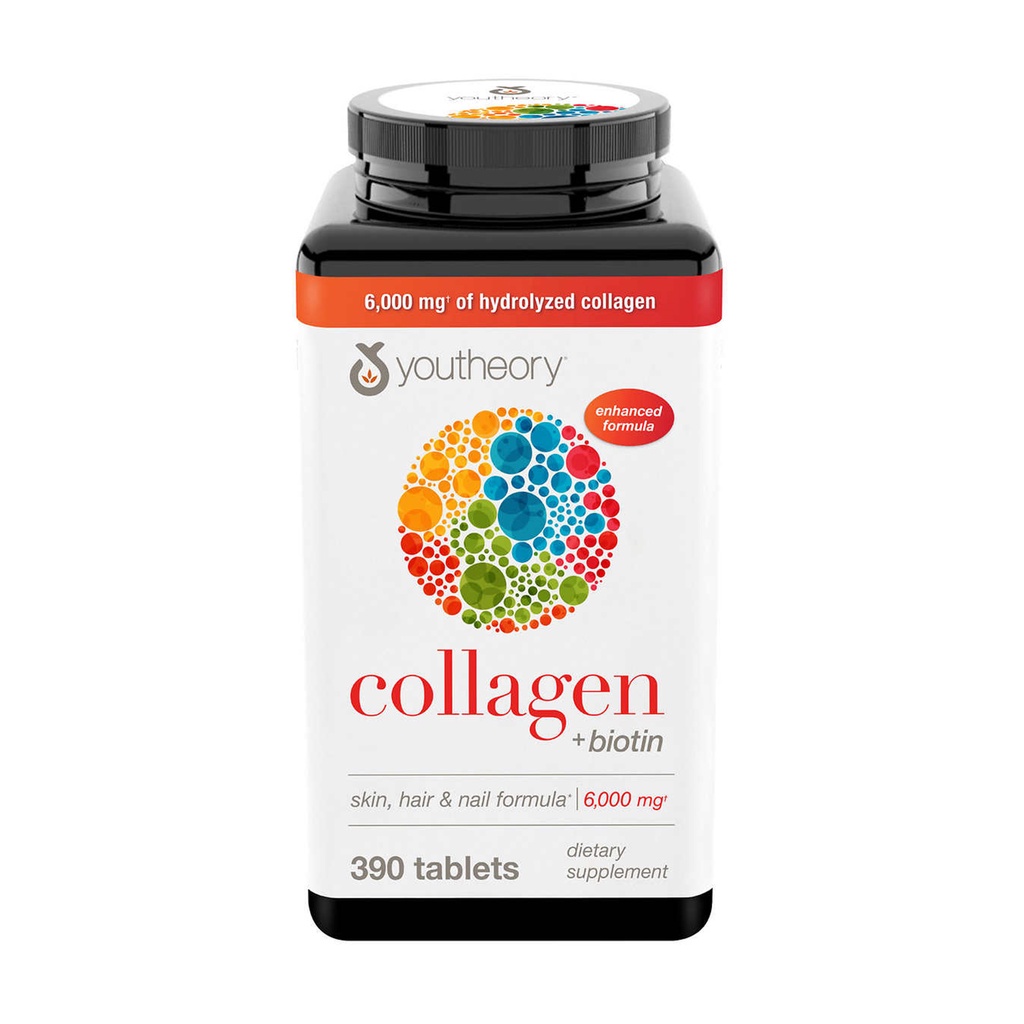 Collagen YOUTHEORY Advanced Type 1,2&amp;3 +BIOTIN, căng mịn, đẹp da, chống lão hóa, không gây mập, hàng Mỹ hộp 290-390 Viên