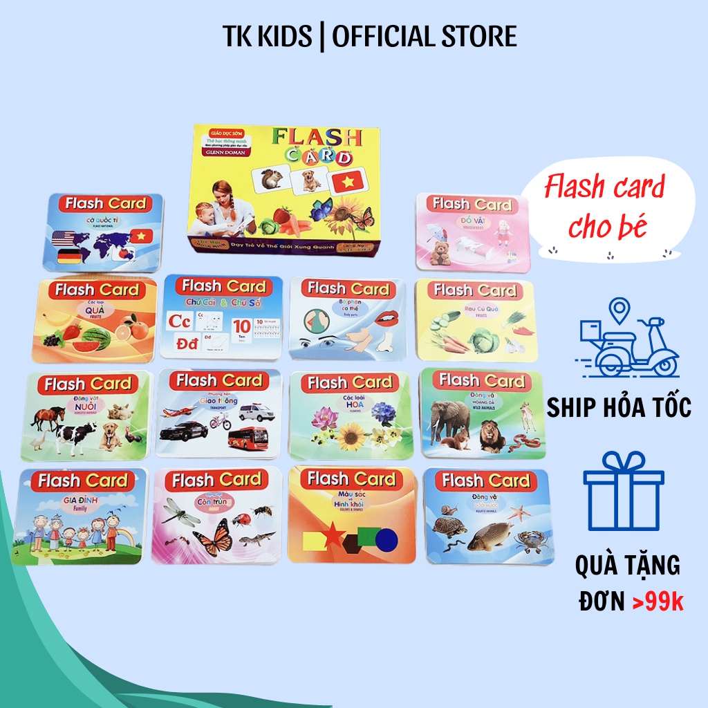 Thẻ học thông minh Glenn Doman song ngữ Anh Việt cho bé 15 chủ đề flashcard khổ A5