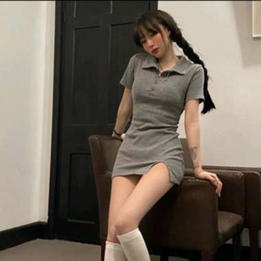 Váy Body Cổ Bẻ Xẻ Trước sexy - Chất Thun Gân Tăm Dày Dặn
