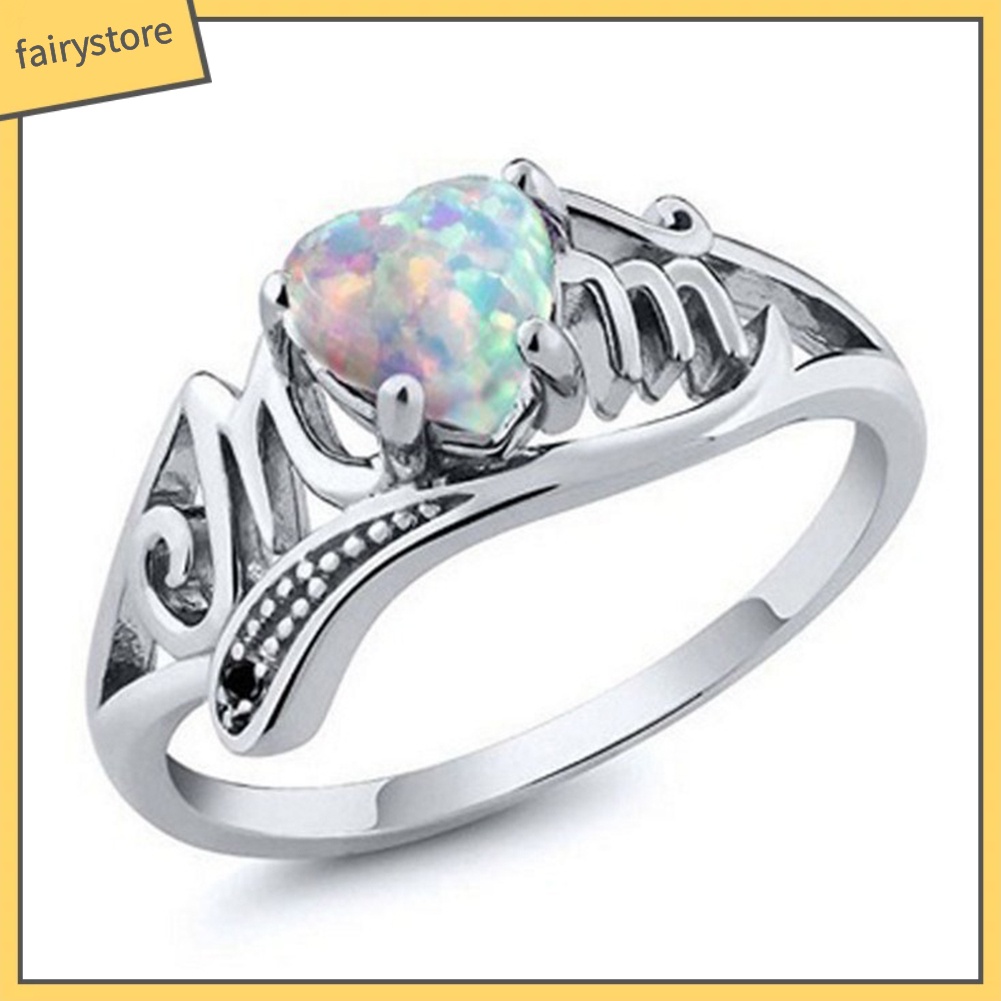 Nhẫn Hợp Kim Đính Đá Opal Giả Hình Trái Tim Khắc Chữ