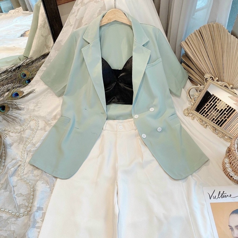 [HÀNG THIẾT KẾ] NV01 Áo vest blazer ngắn tay bốn nút màu xanh min ngọt ngào. | BigBuy360 - bigbuy360.vn