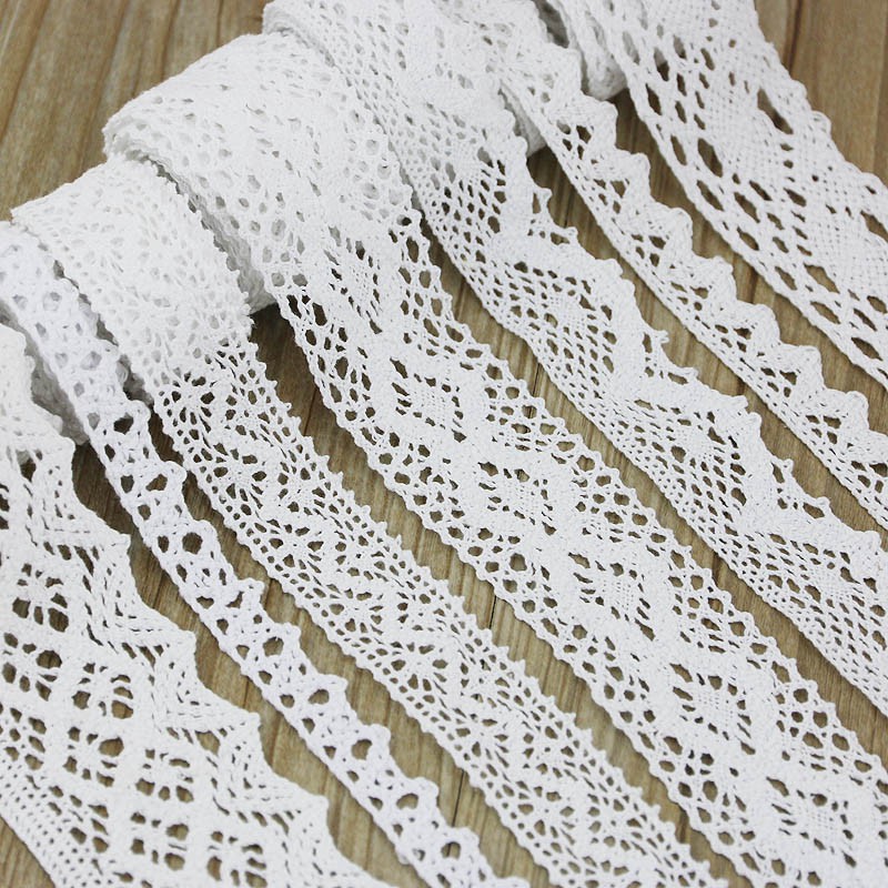 Cuộn Dây Cotton Ren Trắng Thêu Trang Trí Thủ Công Dài 5m