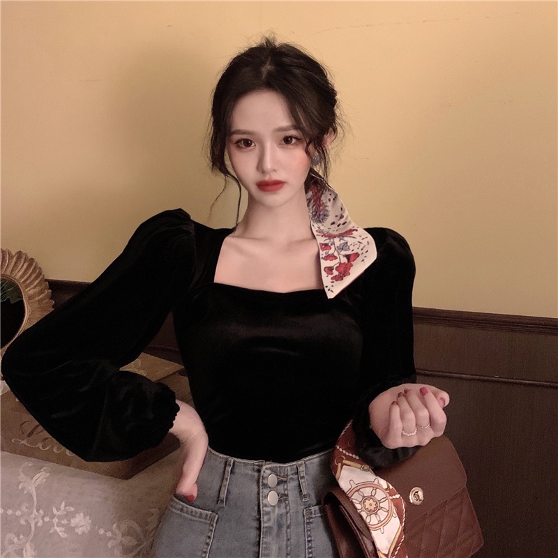 Áo Croptop Tay Dài Cổ Vuông Trễ Vai Quyến Rũ Phong Cách Vintage Cho Nữ