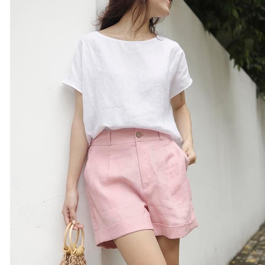 (TỔNG KHO LÂM ANH CHUYÊN Sỉ) Set Bộ Linen Tưng Premium, Áo Tay Cánh Dơi Form Rộng, Kèm Quần Short-Áo Trắng+Quần Hồng