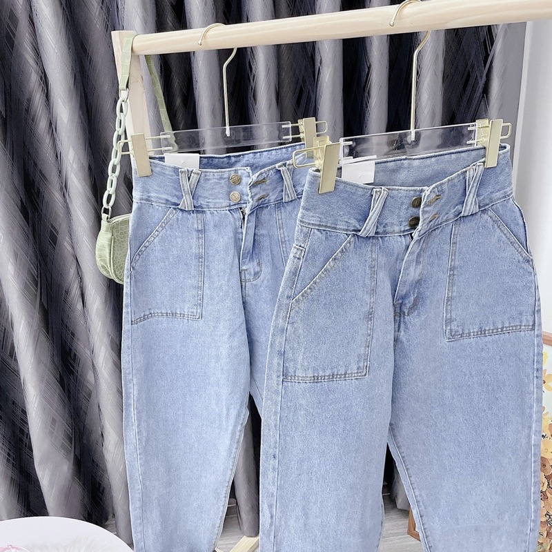 Quần baggy jean đai chéo túi nổi Quần jeans dài xanh boyfriend Quần bò nữ