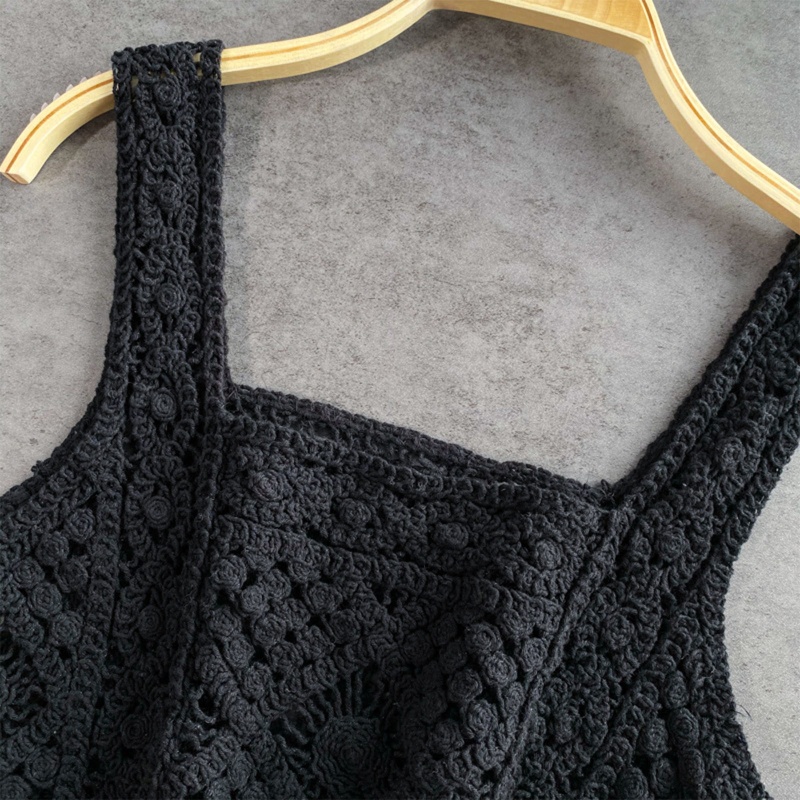 Yoi Áo Croptop Dệt Kim Không Tay Cổ Vuông Họa Tiết Hình Thoi Khoét Rỗng Kiểu Dân Tộc Cho Nữ W