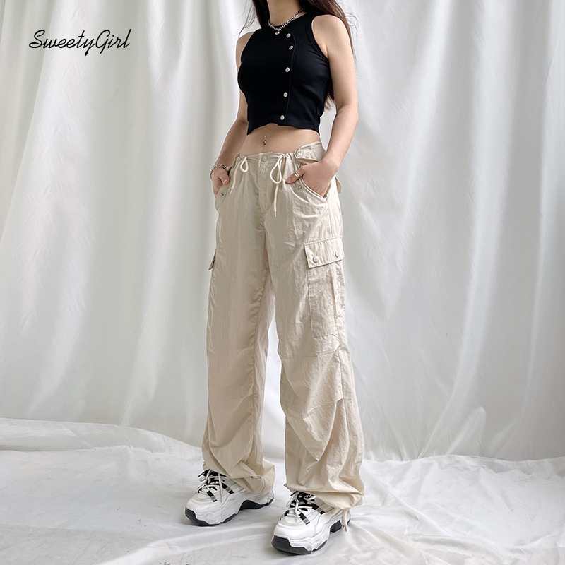 Quần Dài Thể Thao Lưng Thấp Màu Trơn Phối Túi Và Nút Thời Trang 2022 Cho Nữ