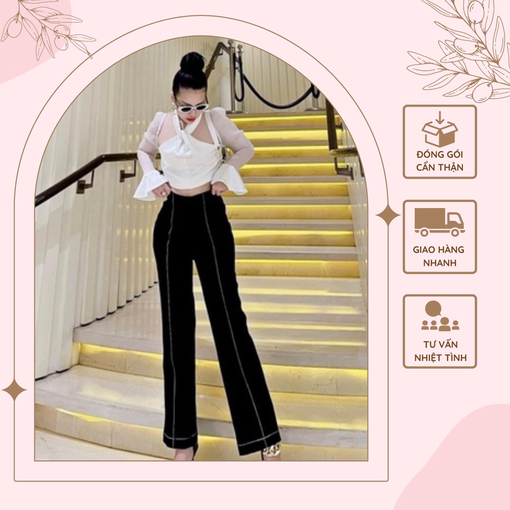 Set Áo Yếm Quần Ống Rộng Áo Tay Dài Vải Lụa Mềm Cao Cấp Và Quần Suông Đen Phối Chỉ Thanh Lịch