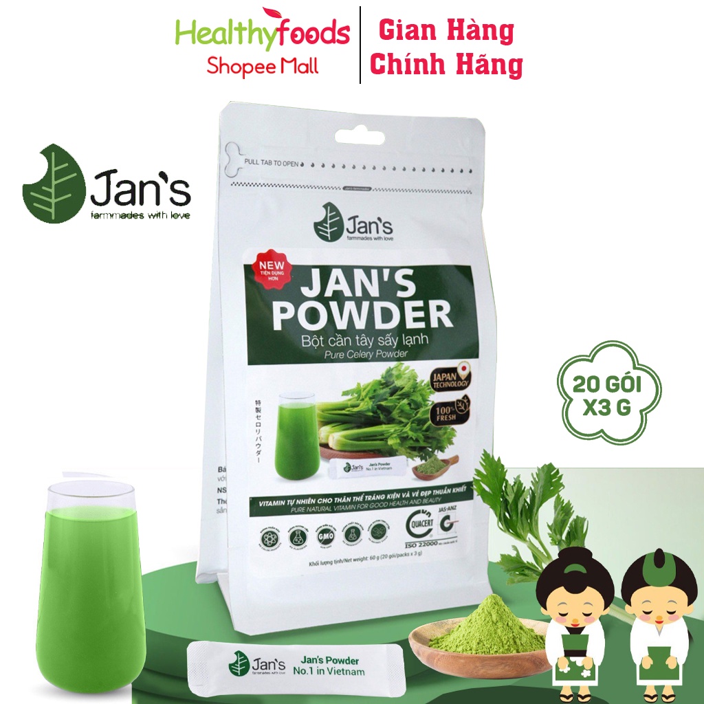 Bột cần tây sấy lạnh Jan's nguyên chất 60gr mới (chia 20 gói tiện dụng) hỗ trợ thanh lọc cơ thể làm đẹp da