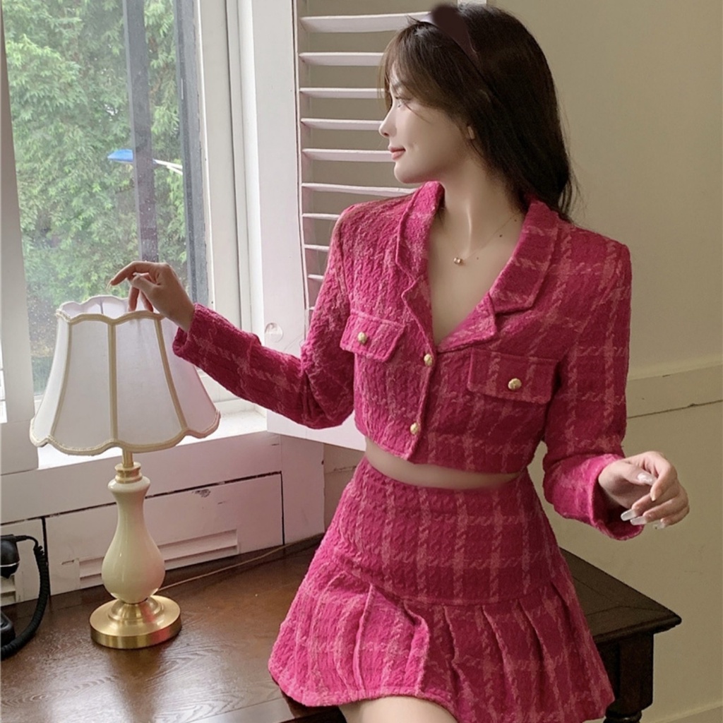 Set dạ Tweed áo croptop + chân váy xếp li màu hồng tiểu thư cực hot trend 2022